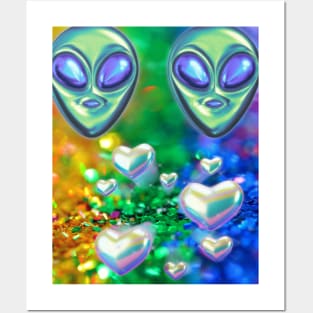 aliens and hearts surrounded by rainbow glitter Posters and Art